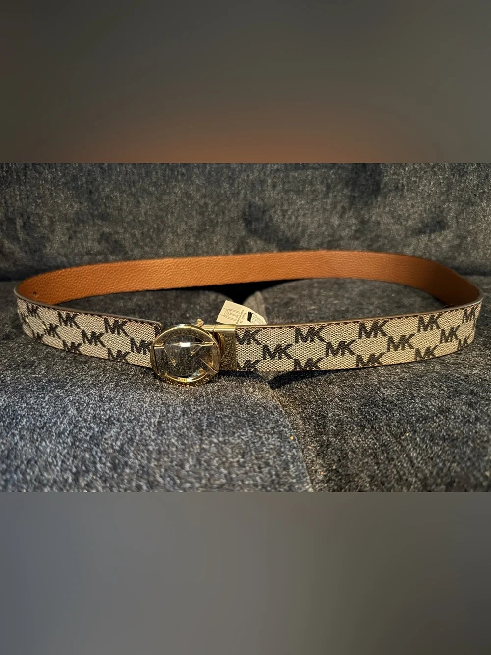 Michael Kors Beige MK Logo Belt with Tan Leather Reversible and Gold Buckle